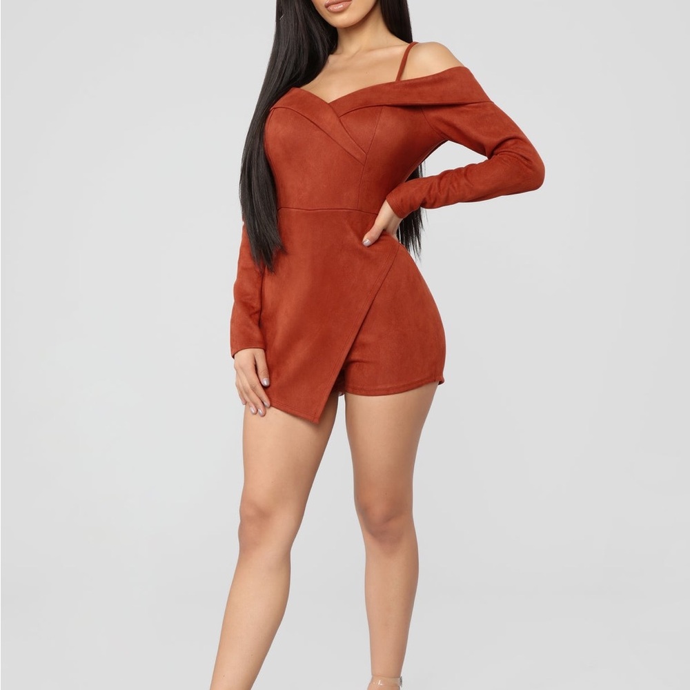 Fashion Nova Rust Off-Shoulder Romper